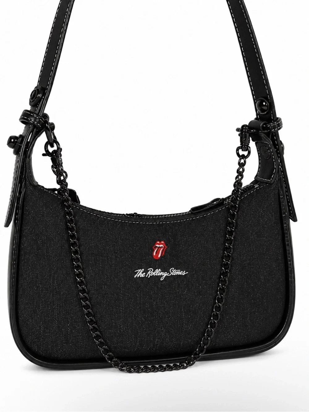Rolling Stones Black Denim HOBO Shoulder Bag - Gunmetal Studded